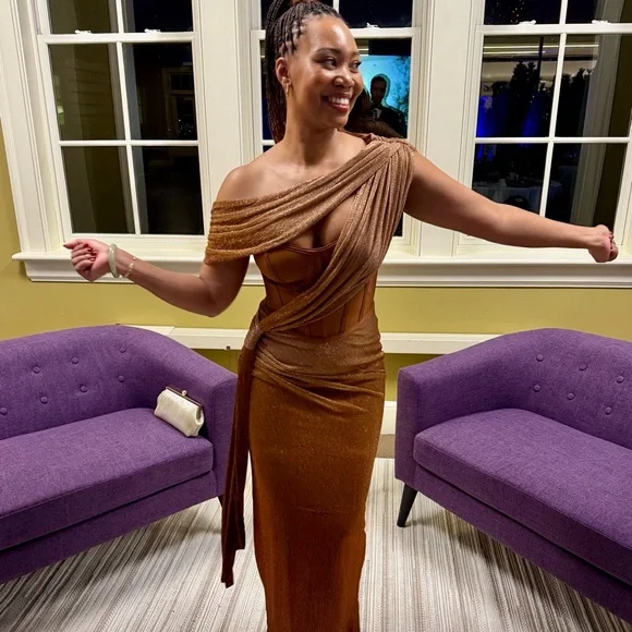 JLUXLABEL One-Shoulder Metallic Copper Brown Evening Gown - Picture 3 of 3